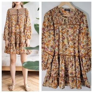 Women's Puff Sleeve Floral Dolly Tassle Smocked Chest Flowy Mini Dress Size M